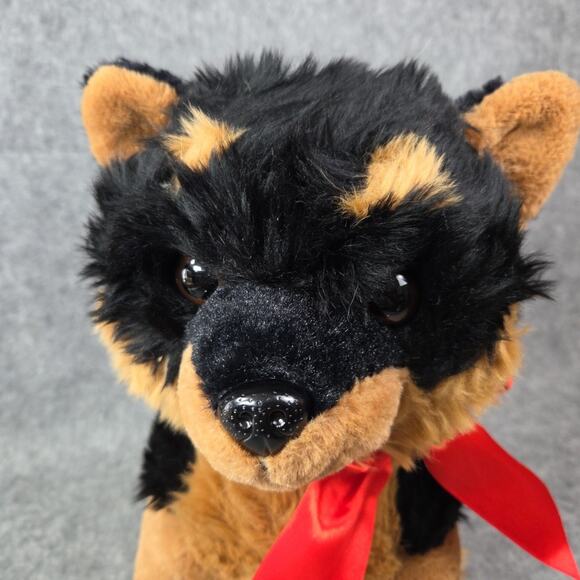 HugFun Rottweiler Dog Plush 14 Inch Brown Black Puppy Red Bow Stuffed Animal Toy - Picture 2 of 10